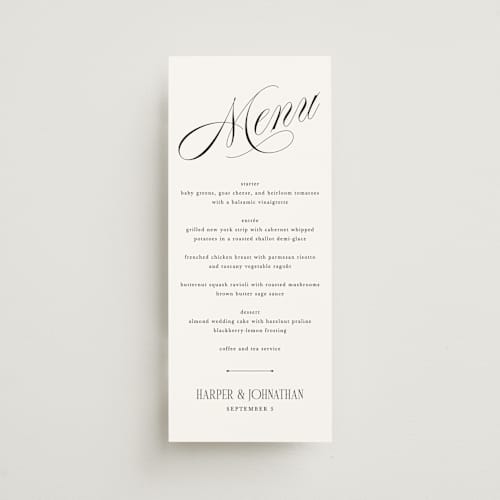 This is a diamond menu cards with standard by Kate Ahn called mirin printing on signature in 4x9