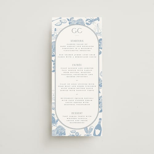 This is a sea menu cards with standard by Jenna Holcomb called coastal toile printing on signature in 4x9