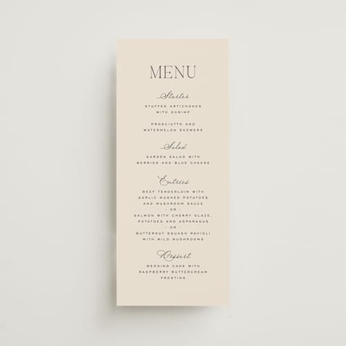 This is a creme menu cards with standard by Carly Reed Walker called tendu printing on signature in 4x9