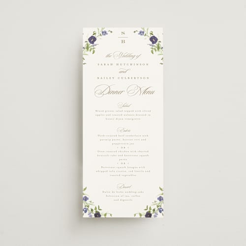 This is a iris menu cards with standard by Everett Paper Goods called wildflower trellis printing on signature in 4x9