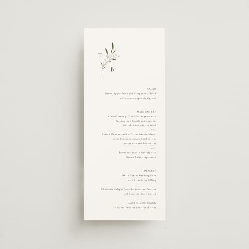 This is a cotton menu cards with standard by Jennifer Postorino called gentle whisper printing on signature in 4x9