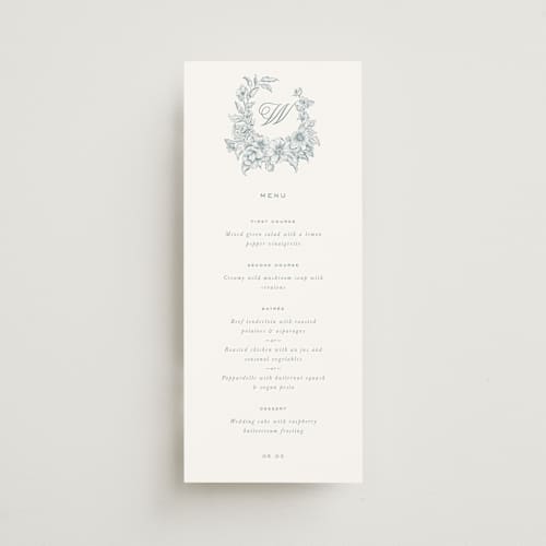 This is a lake menu cards with standard by Leah Bisch called wreath in bloom printing on signature in 4x9