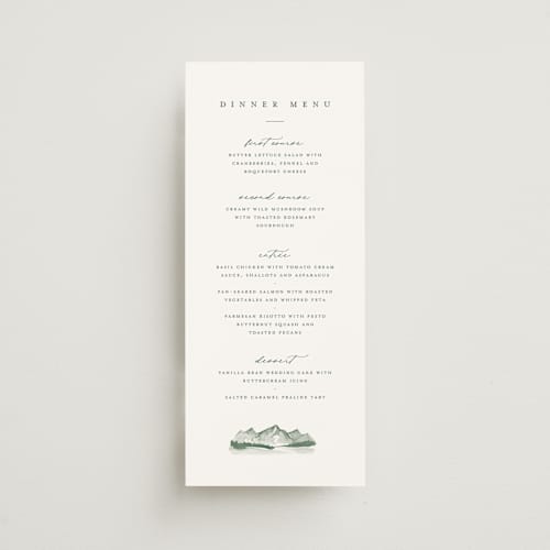 This is a pine menu cards with standard by Amy Kross called mountain ridge printing on signature in 4x9