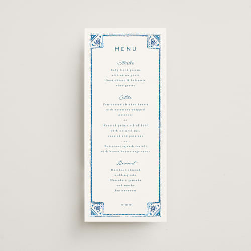 This is a navy menu cards with standard by Anastasia Makarova called watercolor tile printing on signature in 4x9