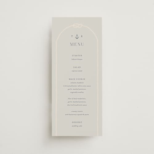 This is a sea breeze menu cards with standard by Rebecca Durflinger called nautical nuptials printing on signature in 4x9