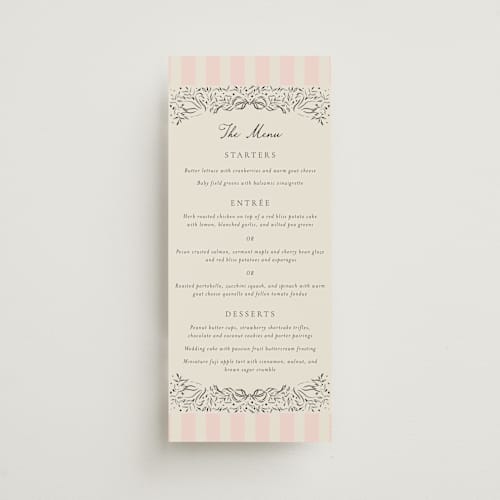This is a peony menu cards with standard by Jackie Crawford called hand illustrated crest printing on signature in 4x9