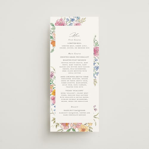 This is a tropical menu cards with standard by Itsy Belle Studio called floral pop printing on signature in 4x9