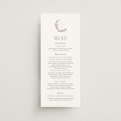 This is a sephia menu cards with standard by Itsy Belle Studio called daphne printing on signature in 4x9