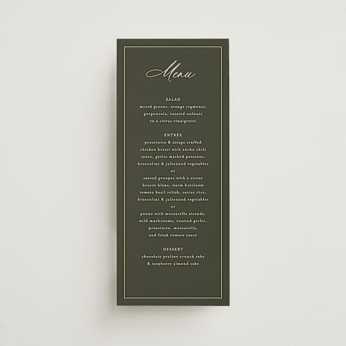 This is a deep olive menu cards with standard by Nicole Walsh called refined printing on signature in 4x9