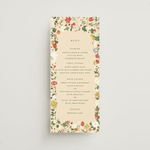 This is a garden menu cards with standard by Sumak Studio called all the flowers of the world printing on signature in 4x9