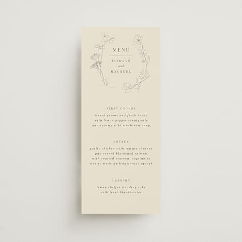 This is a ivory menu cards with standard by Baumbirdy called floral stamp printing on signature in 4x9