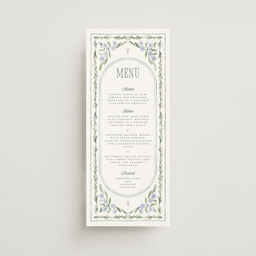 This is a wisteria menu cards with standard by Jenna Holcomb called vintage sketched printing on signature in 4x9