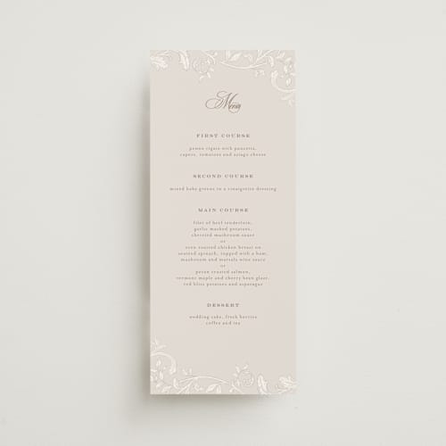 This is a natural menu cards with standard by BR Designs called vintage flourishes printing on signature in 4x9