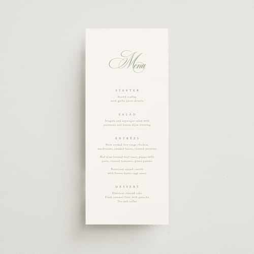 This is a garden menu cards with standard by Kelly Schmidt called chic script printing on signature in 4x9