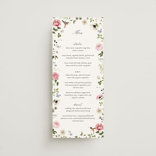 This is a peony menu cards with standard by Sarah Knight called ornate printing on signature in 4x9