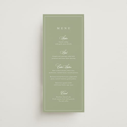 This is a garden menu cards with standard by Kelly Schmidt called greenwood printing on signature in 4x9