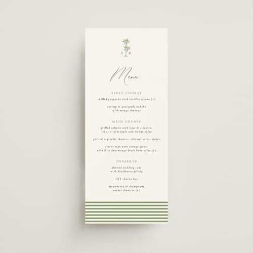 This is a leaf menu cards with standard by Olivia Raufman called palm monogram printing on signature in 4x9