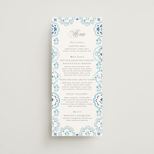This is a cerulean menu cards with standard by Itsy Belle Studio called almafi printing on signature in 4x9
