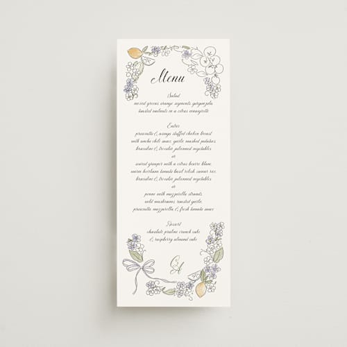 This is a violet menu cards with standard by Jenna Holcomb called forget me nots printing on signature in 4x9