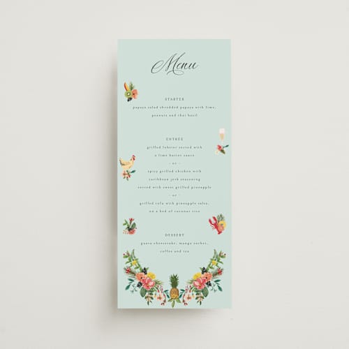 This is a papaya menu cards with standard by Susan Moyal called tropical crest printing on signature in 4x9