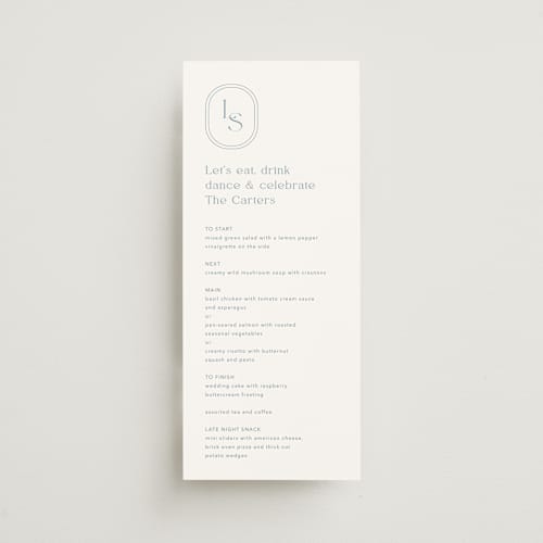 This is a lakeshore blue menu cards with standard by Jennifer Postorino called leighton printing on signature in 4x9
