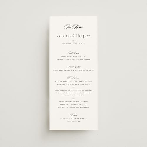 This is a obsidian menu cards with standard by Jennifer Postorino called modern romance printing on signature in 4x9