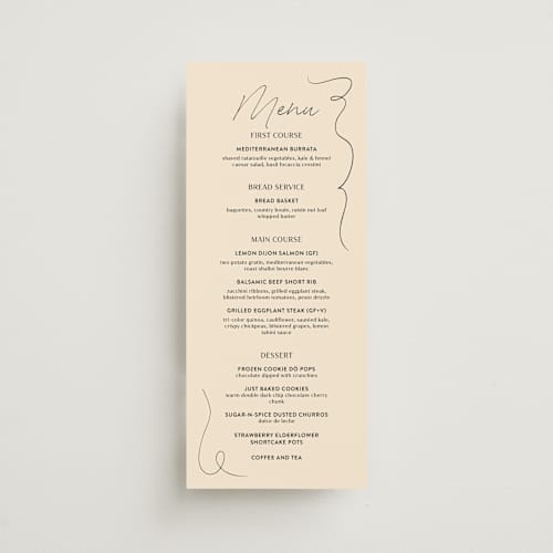 This is a champagne menu cards with standard by Wallace Design Co. called french whimsy script printing on signature in 4x9