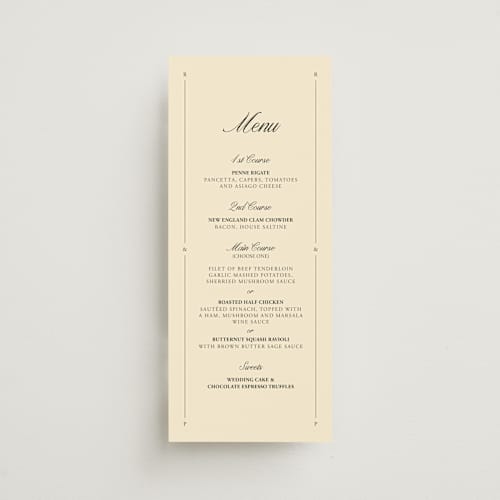 This is a sunshine menu cards with standard by Jen Ramsey called elegant and formal printing on signature in 4x9