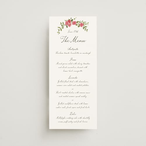 This is a azalea menu cards with standard by Everett Paper Goods called villa printing on signature in 4x9