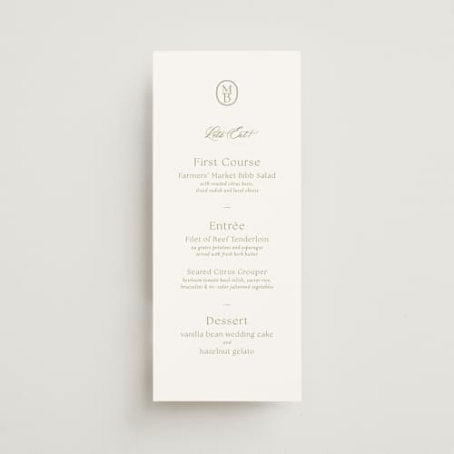 This is a moss menu cards with standard by Megan Davis called perriand printing on signature in 4x9