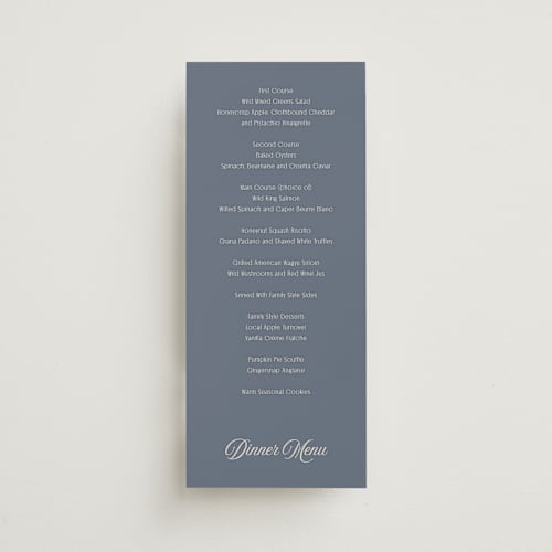 This is a french blue menu cards with standard by Nicoletta Savod called ritzy printing on signature in 4x9