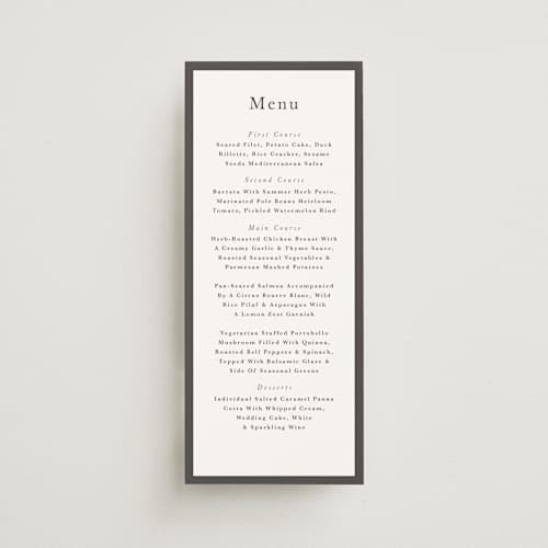 This is a charcoal menu cards with standard by Lori Wemple called monogram square printing on signature in 4x9