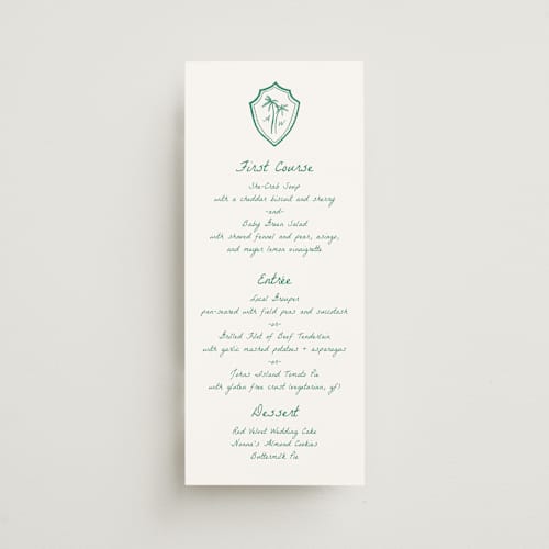 This is a palm menu cards with standard by Erika Firm called palm tree crest printing on signature in 4x9