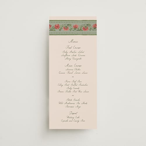 This is a coral fern menu cards with standard by Chris Griffith called wedding tapestry printing on signature in 4x9