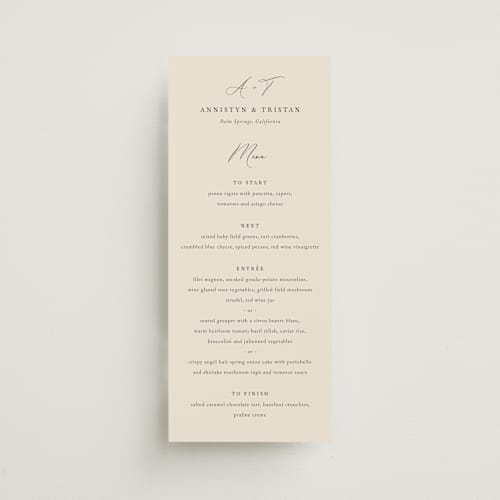 This is a mocha menu cards with standard by Jennifer Postorino called love story printing on signature in 4x9