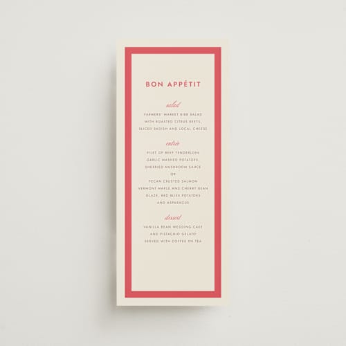 This is a berry menu cards with standard by Megan Davis called montauk printing on signature in 4x9