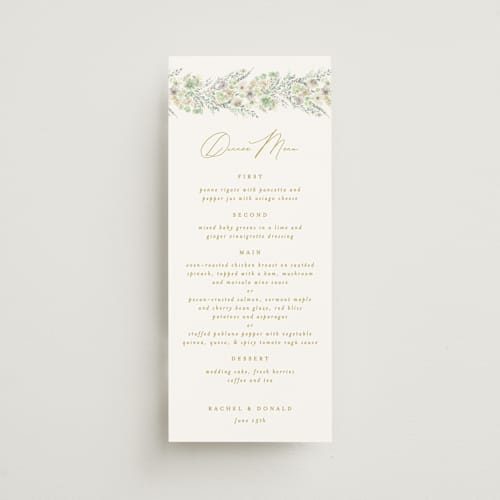 This is a greenery menu cards with standard by Phrosné Barwood called floral arch printing on signature in 4x9