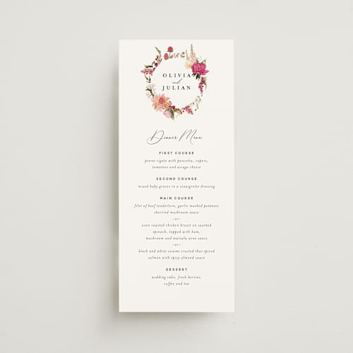 This is a magenta menu cards with standard by Susan Moyal called lush printing on signature in 4x9