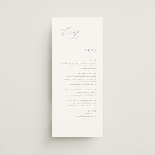 This is a dusty blue menu cards with standard by Jennifer Postorino called graceful printing on signature in 4x9