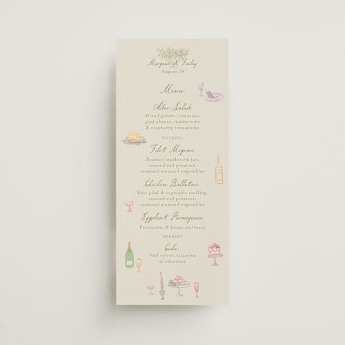This is a olive menu cards with standard by Elly called dining printing on signature in 4x9