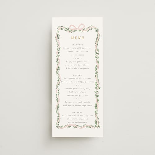 This is a blush menu cards with standard by Itsy Belle Studio called ribbonly frame printing on signature in 4x9