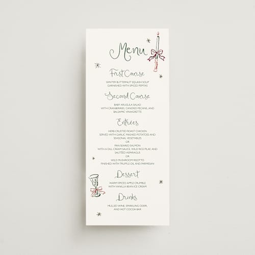 This is a enchanted holiday menu cards with standard by Cass Loh called holidays ink doodles printing on signature in 4x9