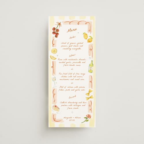 This is a flame menu cards with standard by Pati Cascino called giardino printing on signature in 4x9