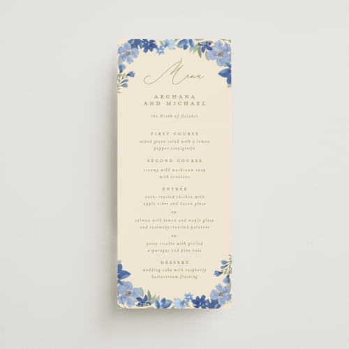 This is a blueberry menu cards with standard by Creo Study called nilgiri printing on signature in 4x9