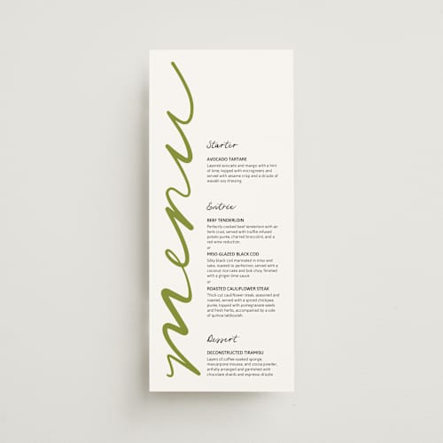 This is a avocado menu cards with standard by Inkblot Design called hand in hand printing on signature in 4x9