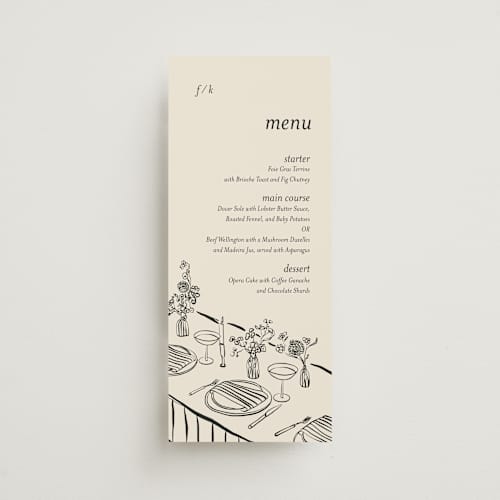 This is a cream menu cards with standard by Lucrecia Caporale called hand drawn dinner printing on signature in 4x9