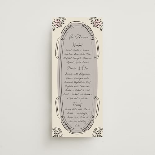 This is a champagne menu cards with standard by Ana de Sousa called gathering joy printing on signature in 4x9