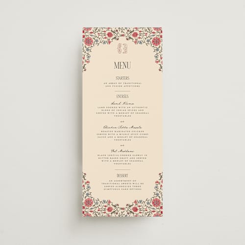 This is a almond menu cards with standard by Jenna Holcomb called tapestry printing on signature in 4x9