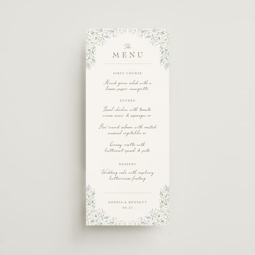 This is a periwinkle menu cards with standard by Kristen Smith called delicate vines printing on signature in 4x9