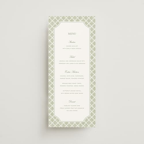 This is a garden menu cards with standard by Kelly Schmidt called summer linen printing on signature in 4x9